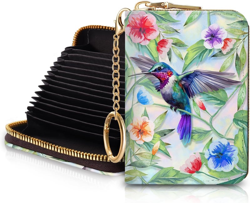 Blusabaca RFID Wallet, Credit Card Holder for Women, Bird Small Wallet with Card Slots Zipper, Leather RFID Card Holder, Card Keychain Wallet, Card Case RFID Blocking Accordion Gift - Image 1